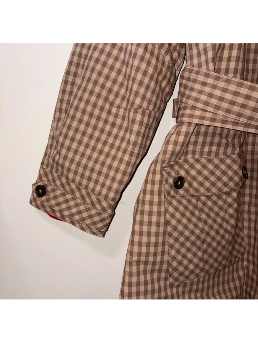 Damson Madder Reversible Red and Tan Check Women's Trench Coat oversized - Picture 14 of 16